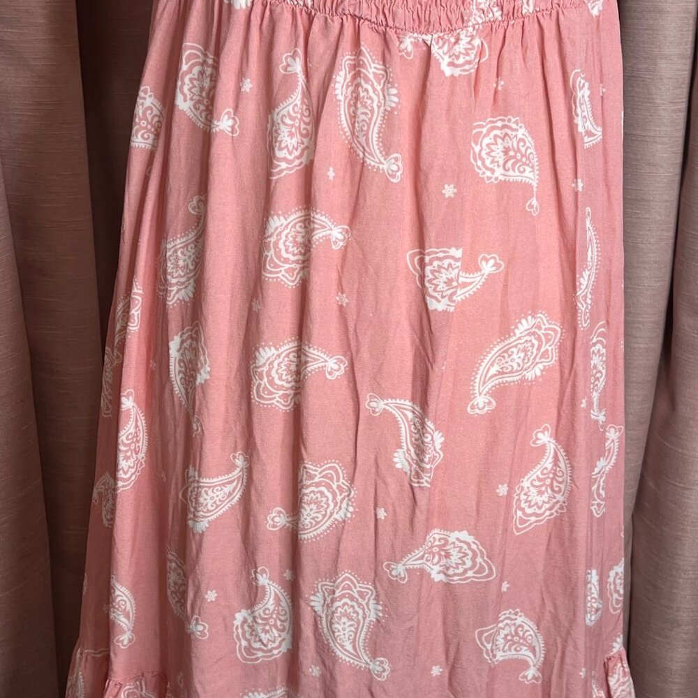 PatPat Pink Boho Paisley Midi Dress XL Short Puff Sleeves V-Neck 100% Viscose Ru - Picture 11 of 16